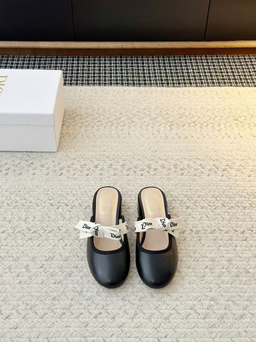 🖤Dior Black Logo Bow Mules Block Heel Slip‑On Pumps